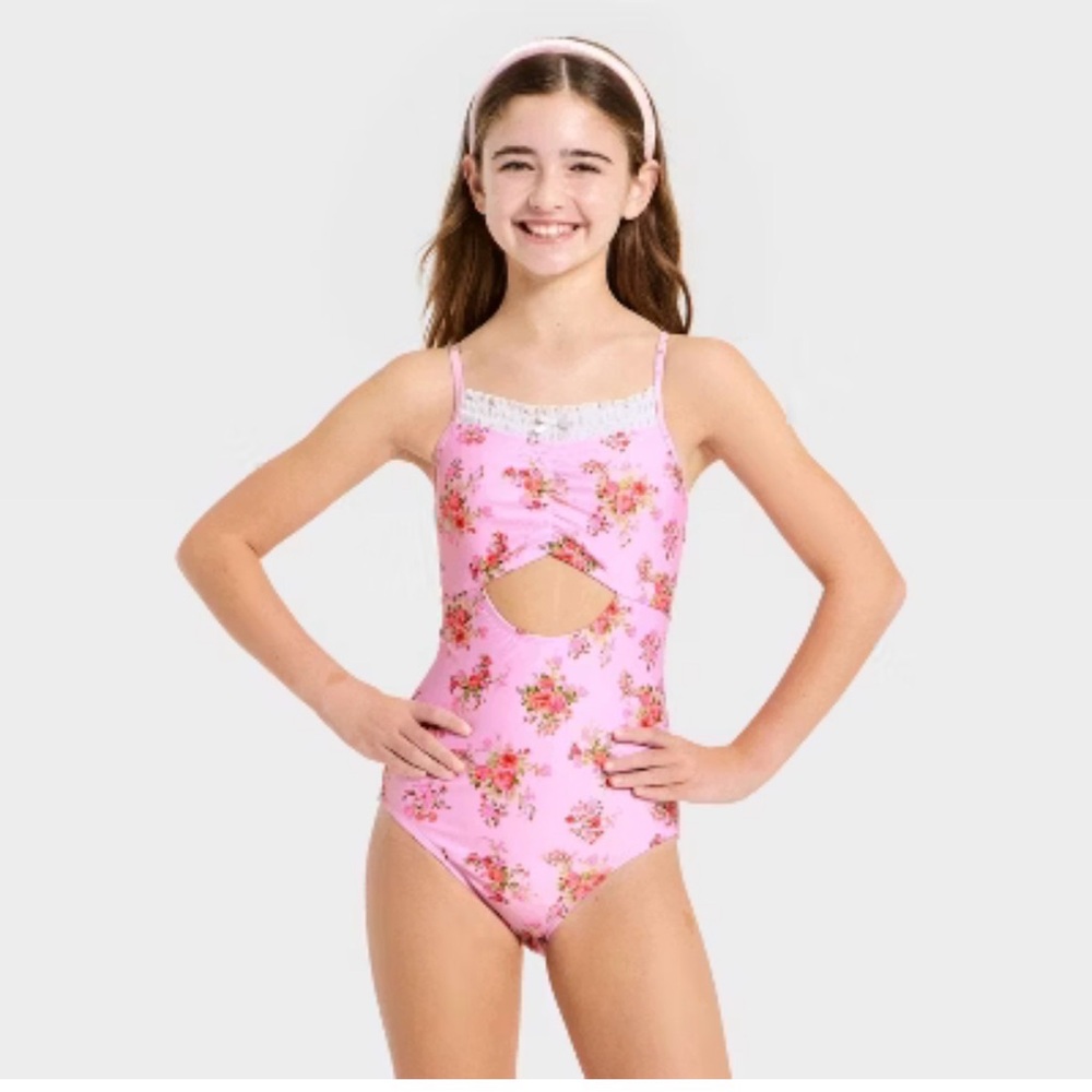 Girls Pink Floral One-Piece Swimsuit with Cutout